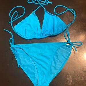 Juniors blue bikini with ties.